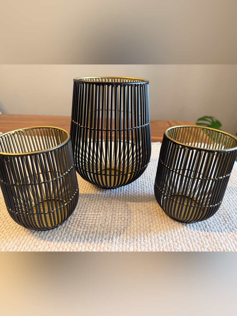 Crate&Barrel Kent Black and Gold Metal Wire Candle Holders - Trio